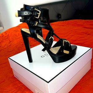 GUESS KATANA - Open Toe Black Multi Leather heels Size 6.5